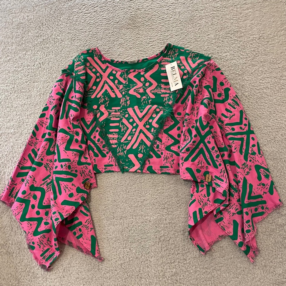 Belma New York Top Womens One Size Pink Green Fringe Kimono Sleeve Cotton